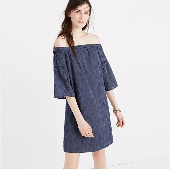 Madewell Women’s Size 8 Navy Off the Shoulder Bell Sleeve Mini Dress Stretch - Picture 1 of 10